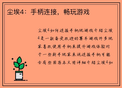 尘埃4：手柄连接，畅玩游戏
